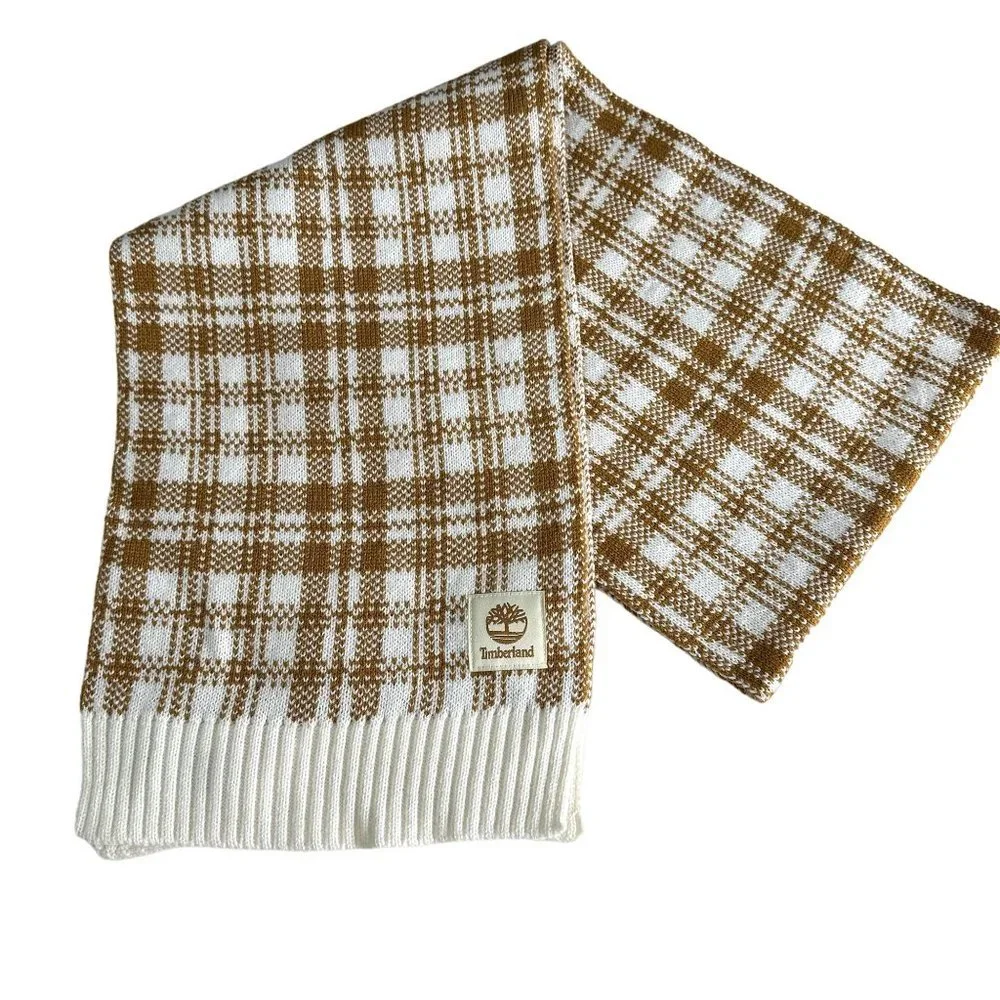 Timberland Unisex Plaid Neck Scarf One Size Brown‎ Cream Knit Winter Scarves